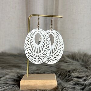 White Painted Wooden Oval Earrings
